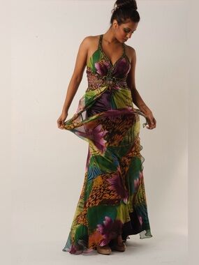 Floral Halter Evening Gown in Green and Purple
